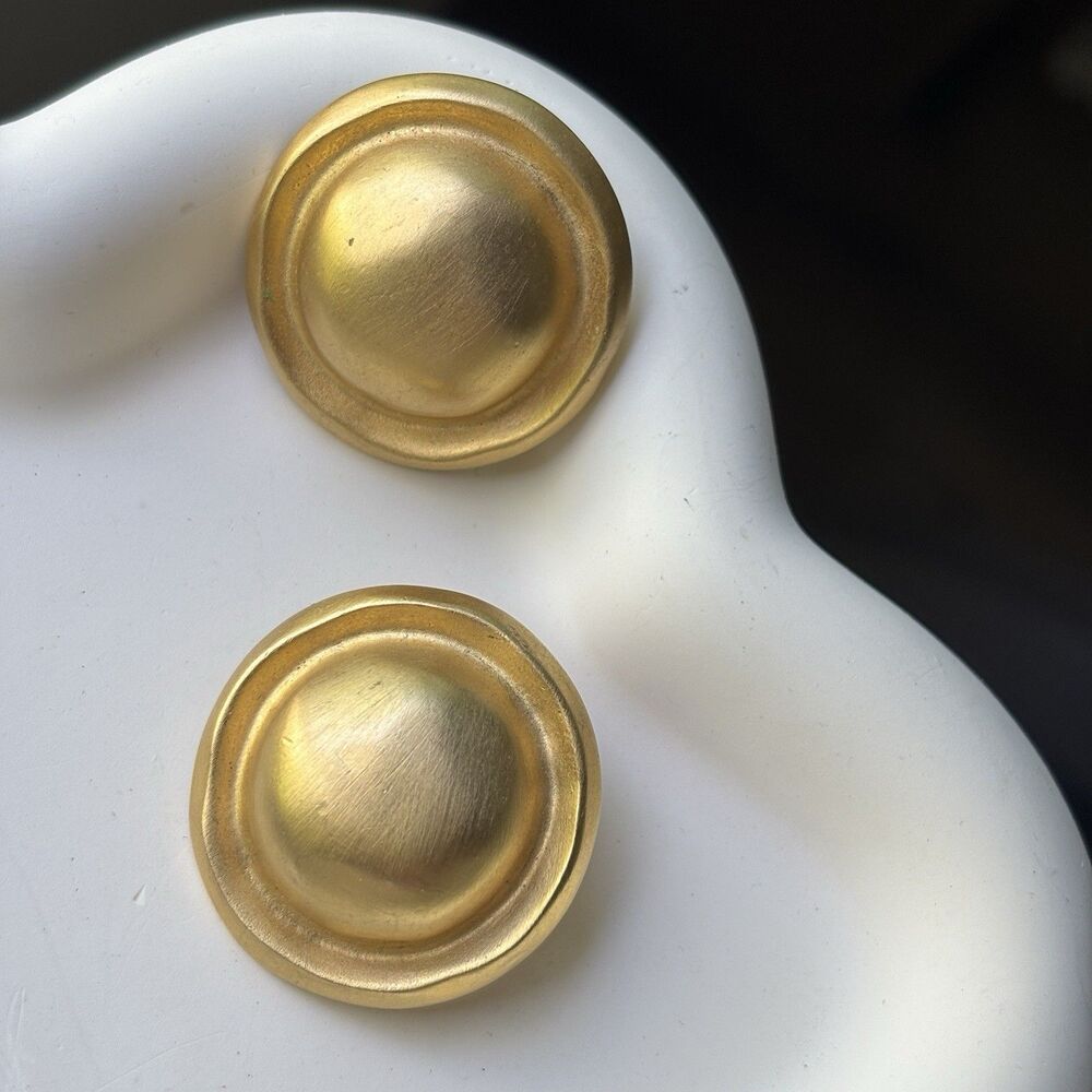 GIVENCHY Paris Button Clip Earrings Gold Tone Satin Brushed Metal 1980s